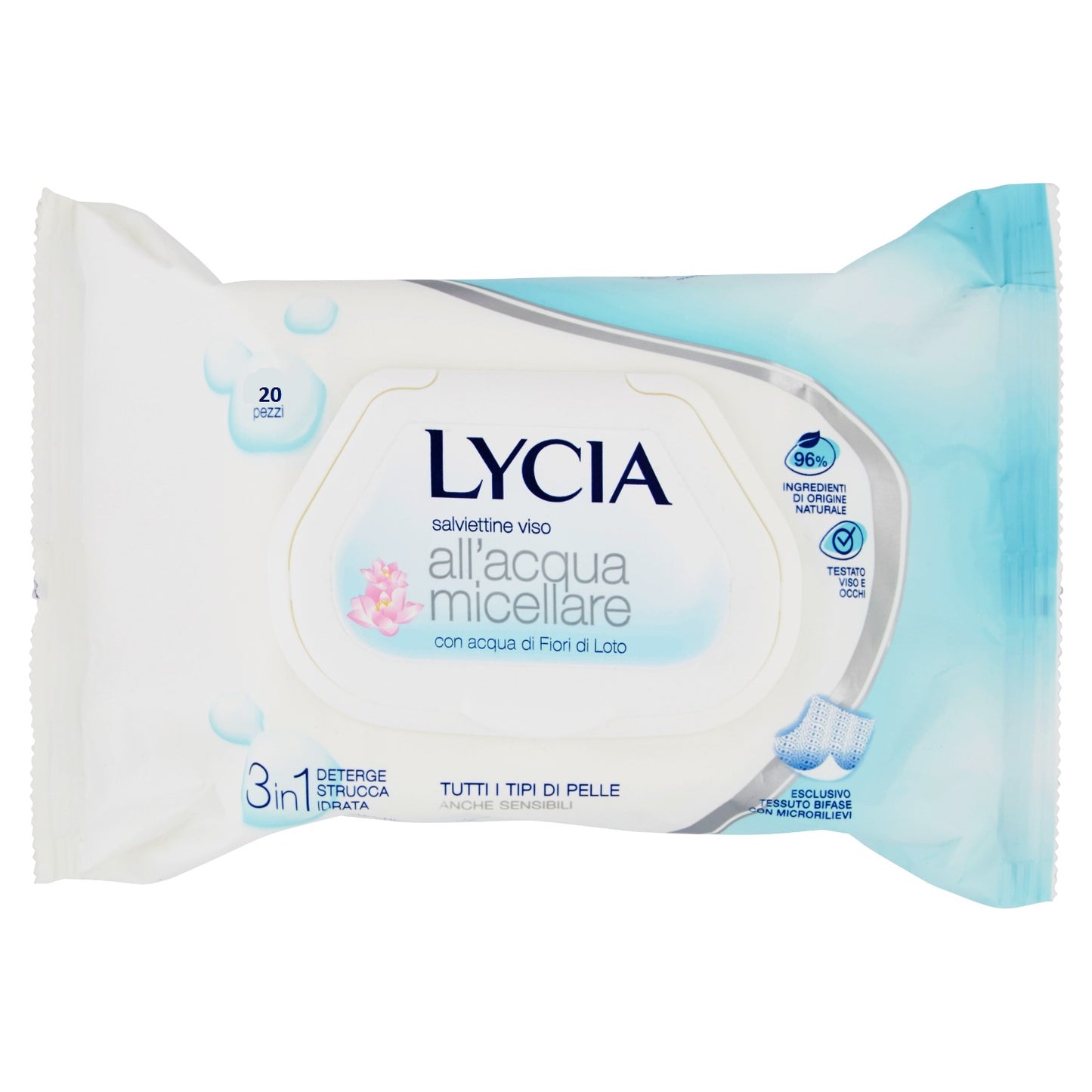Lycia Salviettine Viso All'Acqua Micellare 3 in 1 Tutti i Tipi di Pelle Anche Sensibili 20 pz