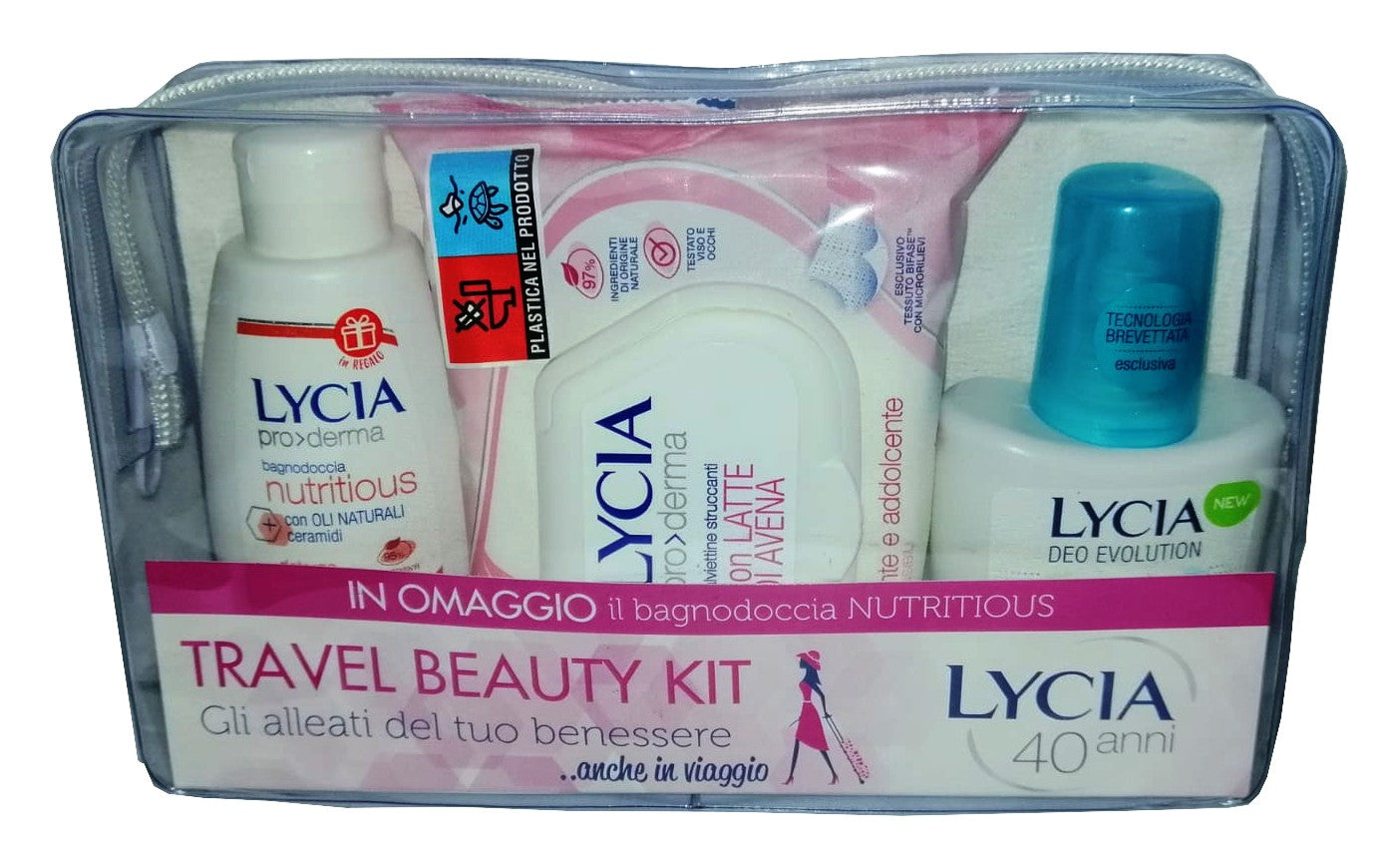 Lycia Travel Beauty Kit Bagnodoccia 100 ml + Salviettine Struccanti 20pz. + Deodorante 75 ml