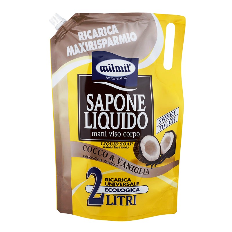Milmil Sapone Liquido Ricarica Cocco & Vaniglia 2 Litri Mani Viso Corpo