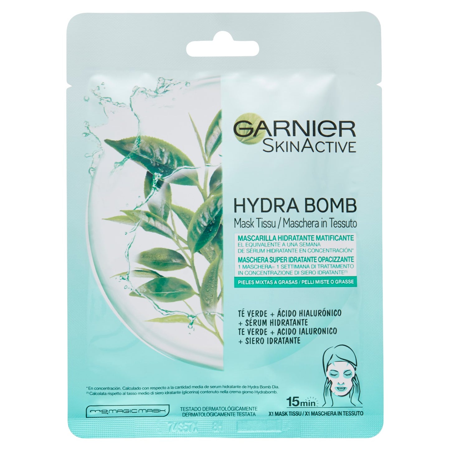 Garnier SkinActive Hydra Bomb Maschera Viso in Tessuto Super Idratante Opacizzante al The Verde