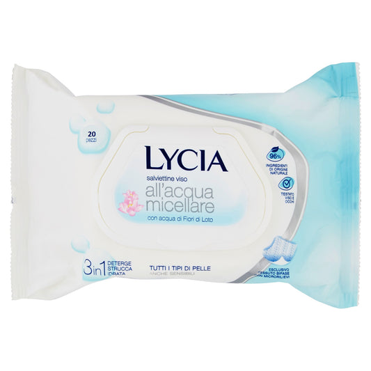 Lycia Salviettine Viso All'Acqua Micellare 3 in 1 Tutti i Tipi di Pelle Anche Sensibili 20 pz