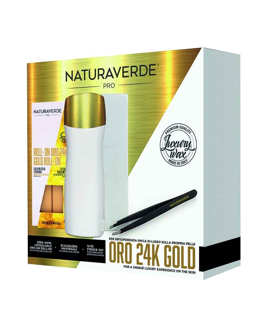 Naturaverde Pro Kit Depilazione Oro 24K Scaldacera & Ricarica & 10 Strisce & Pinzetta